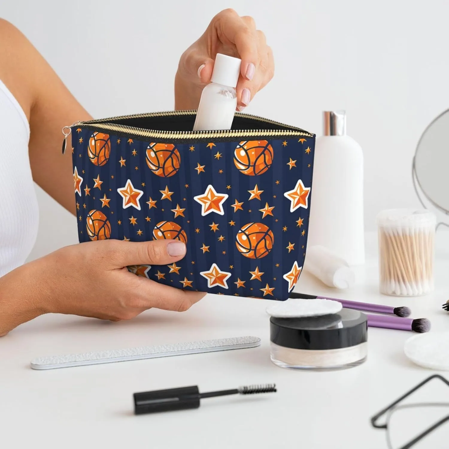 Basketballs and Stars Makeup Bag Waterproof Cosmetic Bag Organizer Small Make Up Zipper Pouch Portable Travel Toiletry Bag for Women Girls