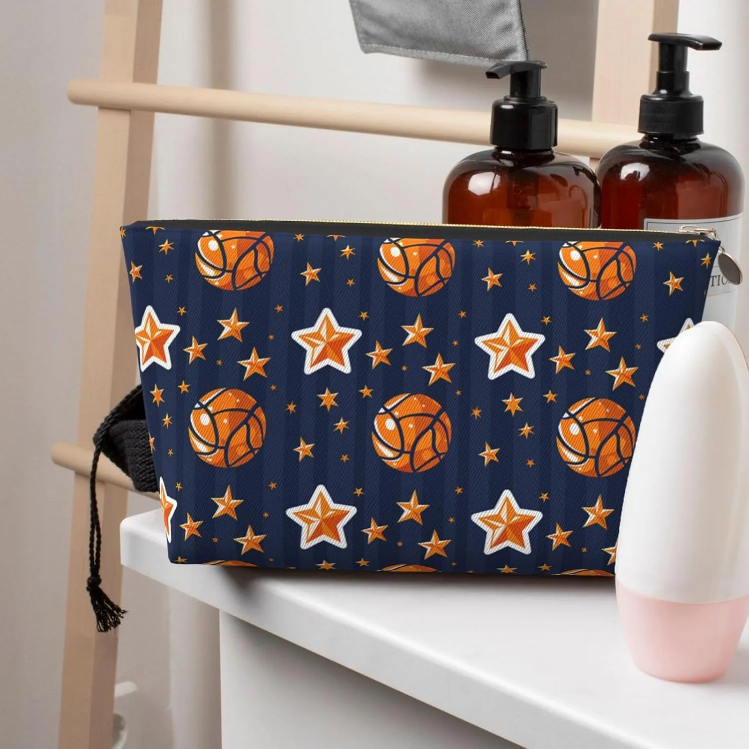 Basketballs and Stars Makeup Bag Waterproof Cosmetic Bag Organizer Small Make Up Zipper Pouch Portable Travel Toiletry Bag for Women Girls