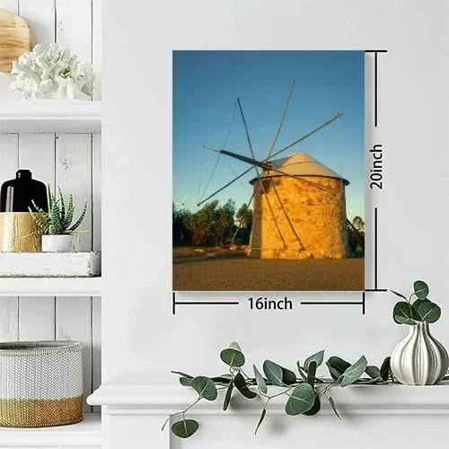 Bathroom Wall Art Windmill at sunset mountain landscape Old windmill top the mountain Pictures Wall Decor Framed Canvas Wall Art for Bedroom Artwork Paintings Living Room Kitchen Farmhouse 16x20