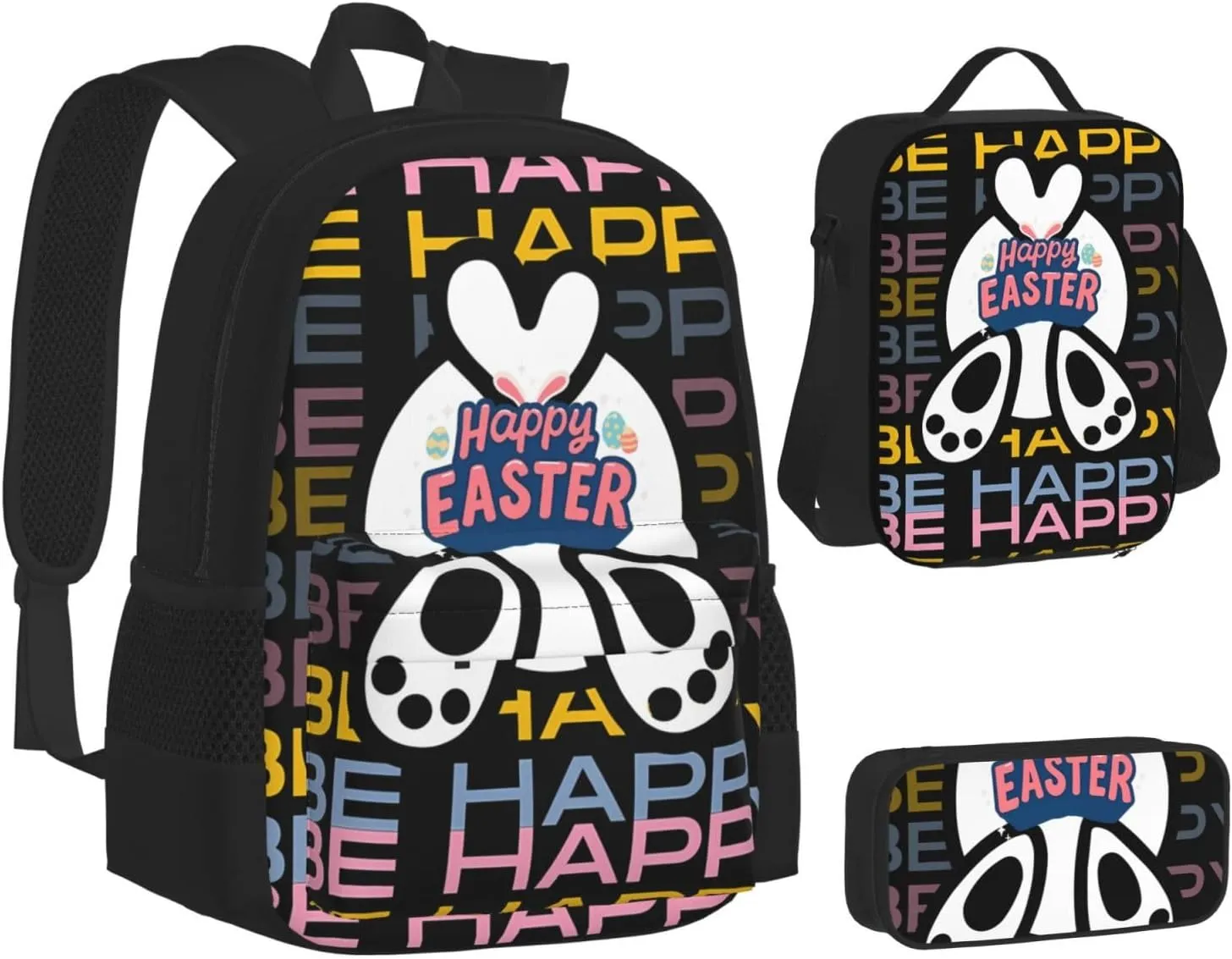 Be Happy Colorful Happy Easter Cartoon Bunny Multifunctional Pocket Backpack Crossbody Lunch Bag Pencil Case 3Pcs Set Large Capacity Backpack