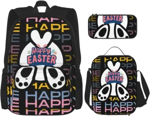 Be Happy Colorful Happy Easter Cartoon Bunny Multifunctional Pocket Backpack Crossbody Lunch Bag Pencil Case 3Pcs Set Large Capacity Backpack