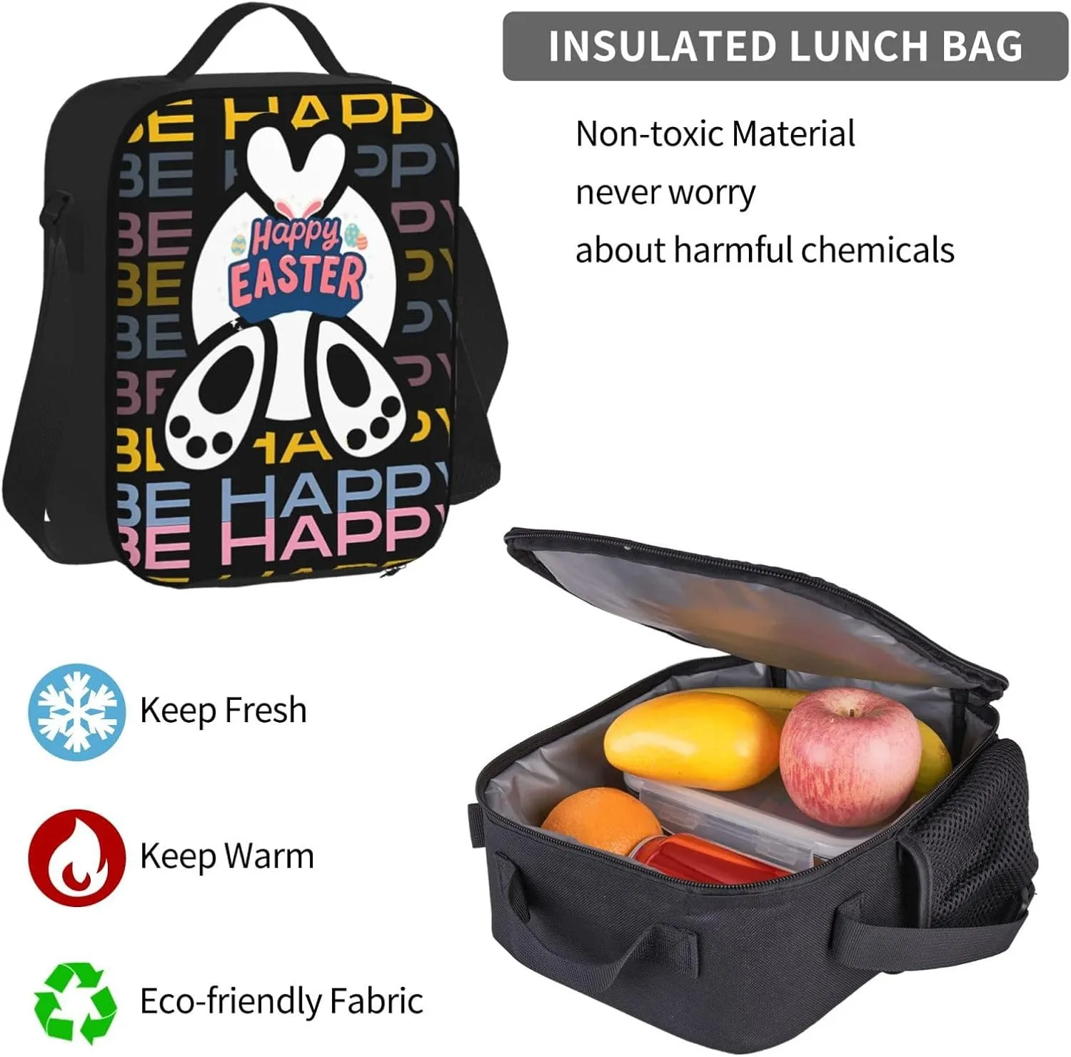 Be Happy Colorful Happy Easter Cartoon Bunny Multifunctional Pocket Backpack Crossbody Lunch Bag Pencil Case 3Pcs Set Large Capacity Backpack