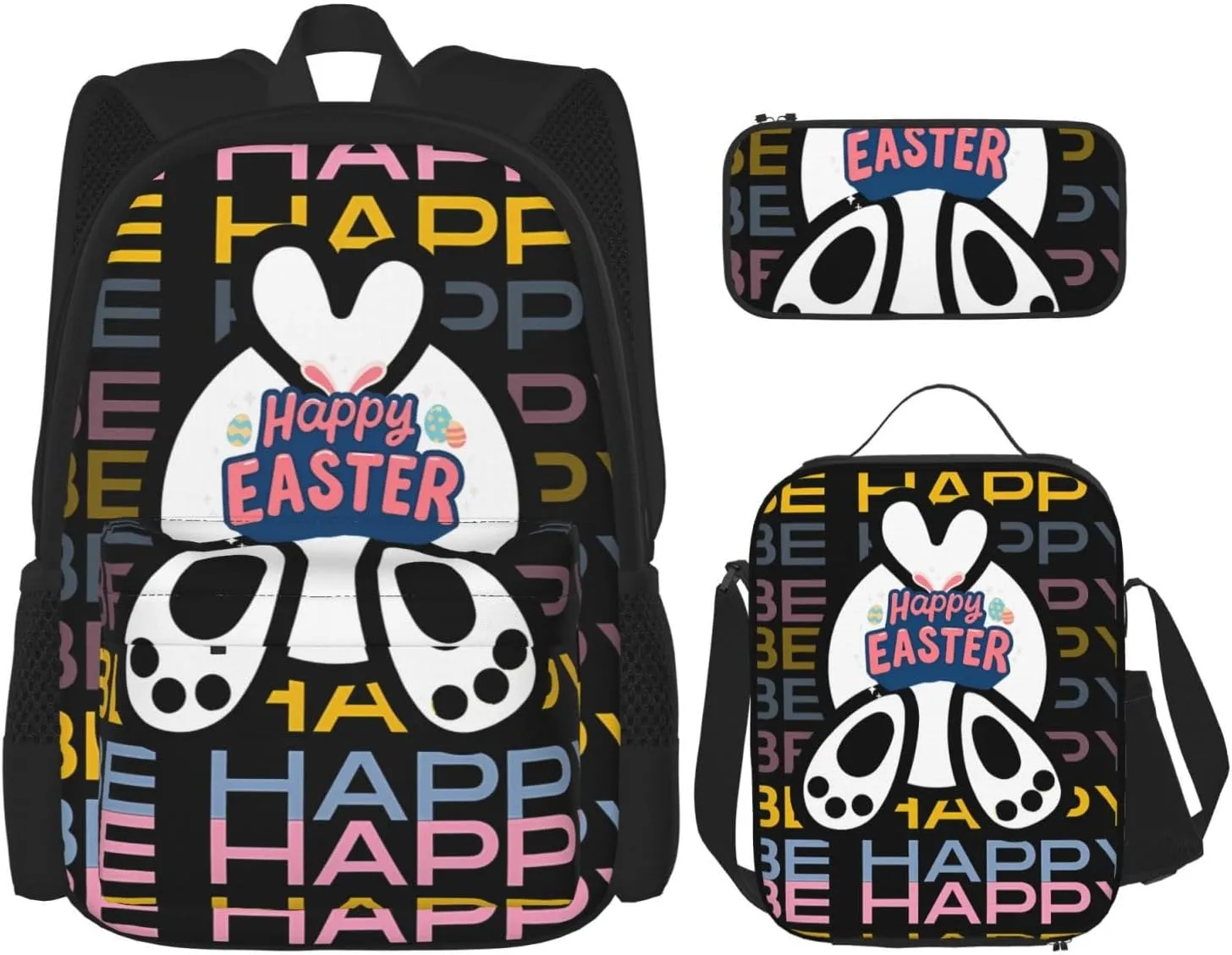 Be Happy Colorful Happy Easter Cartoon Bunny Multifunctional Pocket Backpack Crossbody Lunch Bag Pencil Case 3Pcs Set Large Capacity Backpack