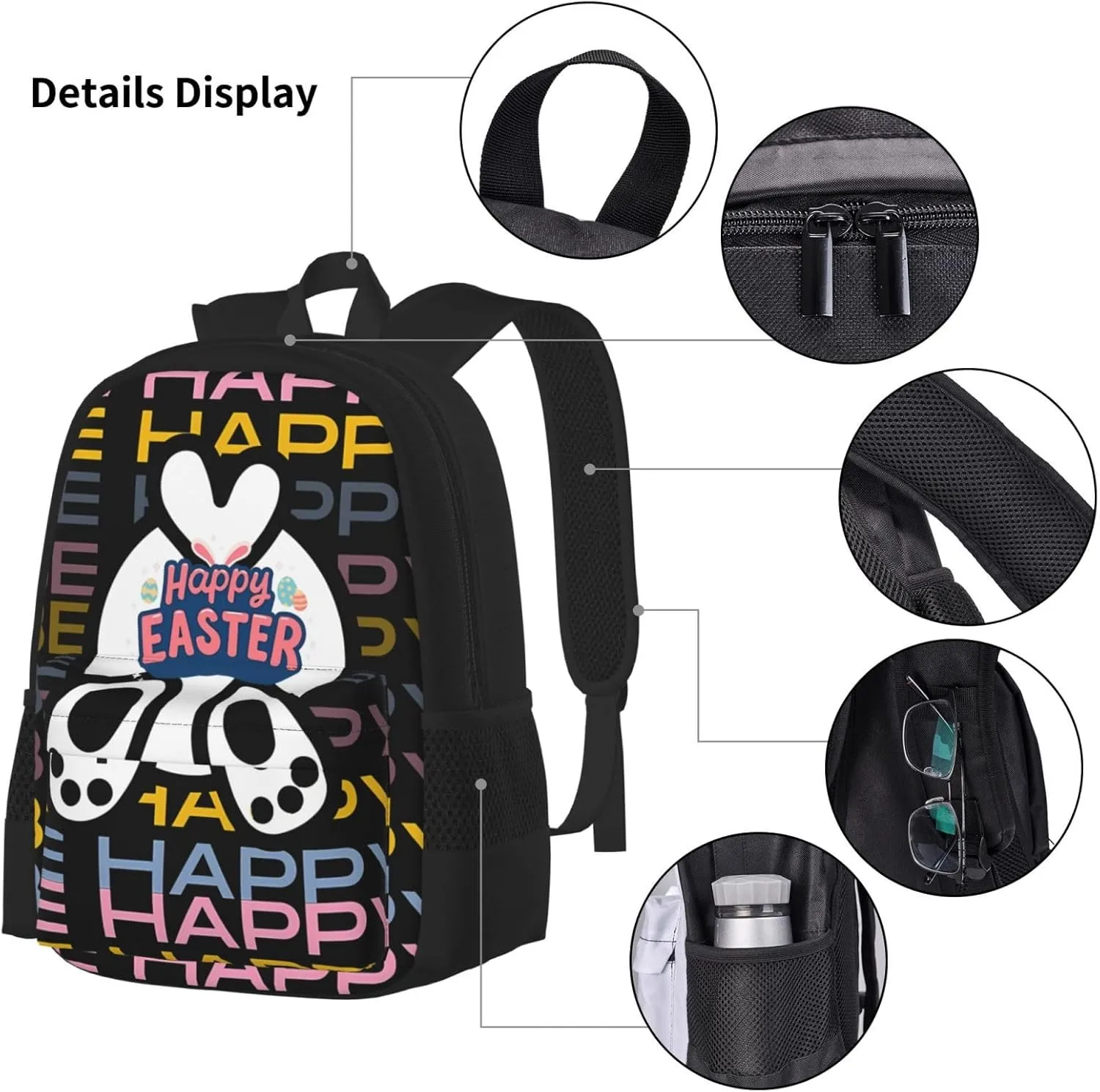 Be Happy Colorful Happy Easter Cartoon Bunny Multifunctional Pocket Backpack Crossbody Lunch Bag Pencil Case 3Pcs Set Large Capacity Backpack