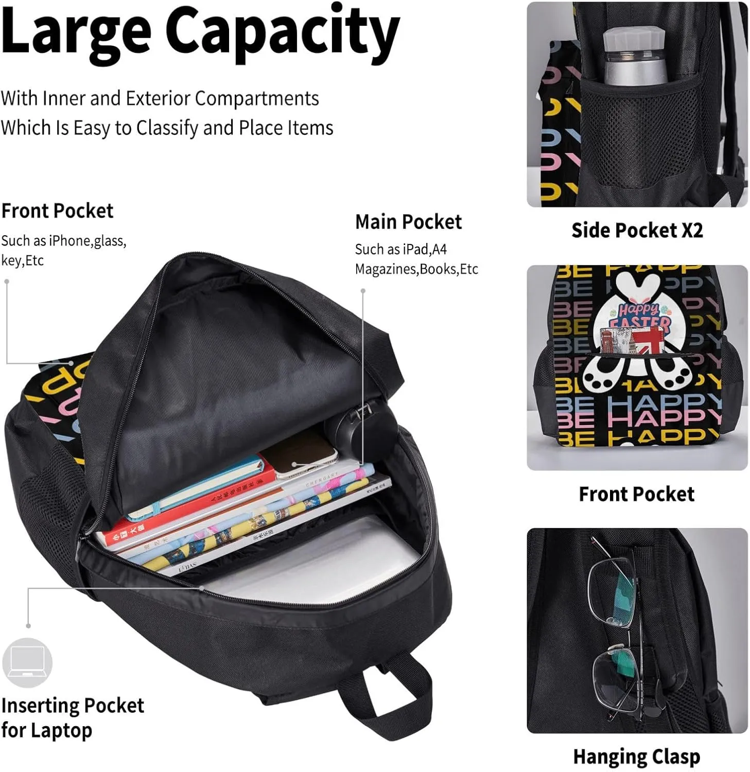 Be Happy Colorful Happy Easter Cartoon Bunny Multifunctional Pocket Backpack Crossbody Lunch Bag Pencil Case 3Pcs Set Large Capacity Backpack