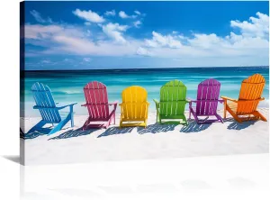 Beach Canvas Wall Art Colorful Chair on Beach Picture Coastal Landscape Painting SeascapePrints Modern Artwork for Bathroom Living Room Home Office Decor Framed - 12.00"x18.00"