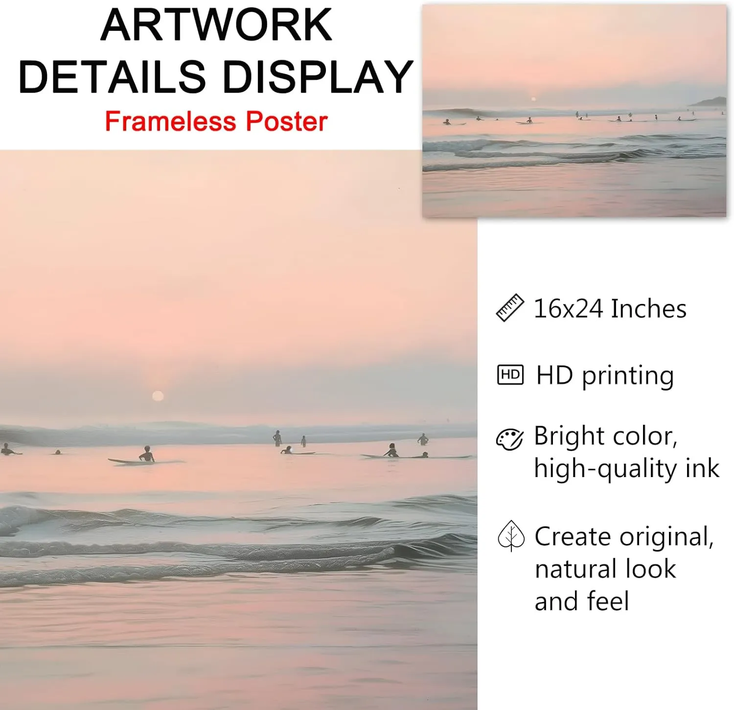 Beach Sunset Painting Vintage Ocean Picture Surfing Canvas Wall Art Pink Coastal Prints Abstract Sunset Painting Vintage Beach Artwork Ocean Waves Wall Art Coastal Surf Poster for Walls 16x24in No Frame