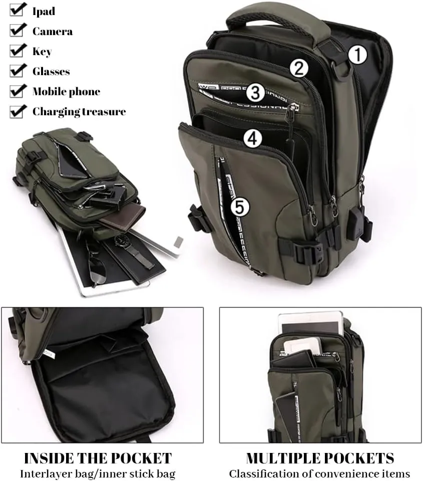 Bealin Waterproof Sling Bag Crossbody Backpack for Men Women Multipurpose Waist Pack with USB Charging Port for Hiking Walking Black