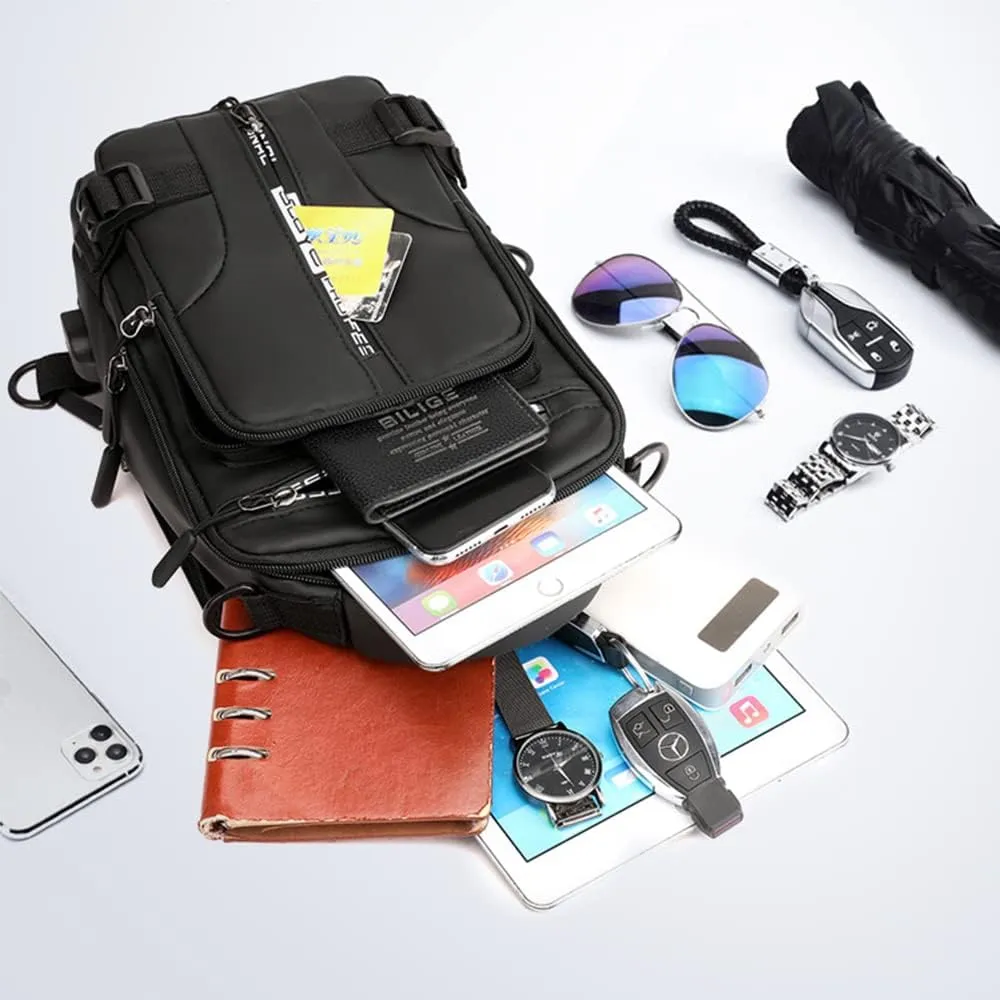 Bealin Waterproof Sling Bag Crossbody Backpack for Men Women Multipurpose Waist Pack with USB Charging Port for Hiking Walking Black