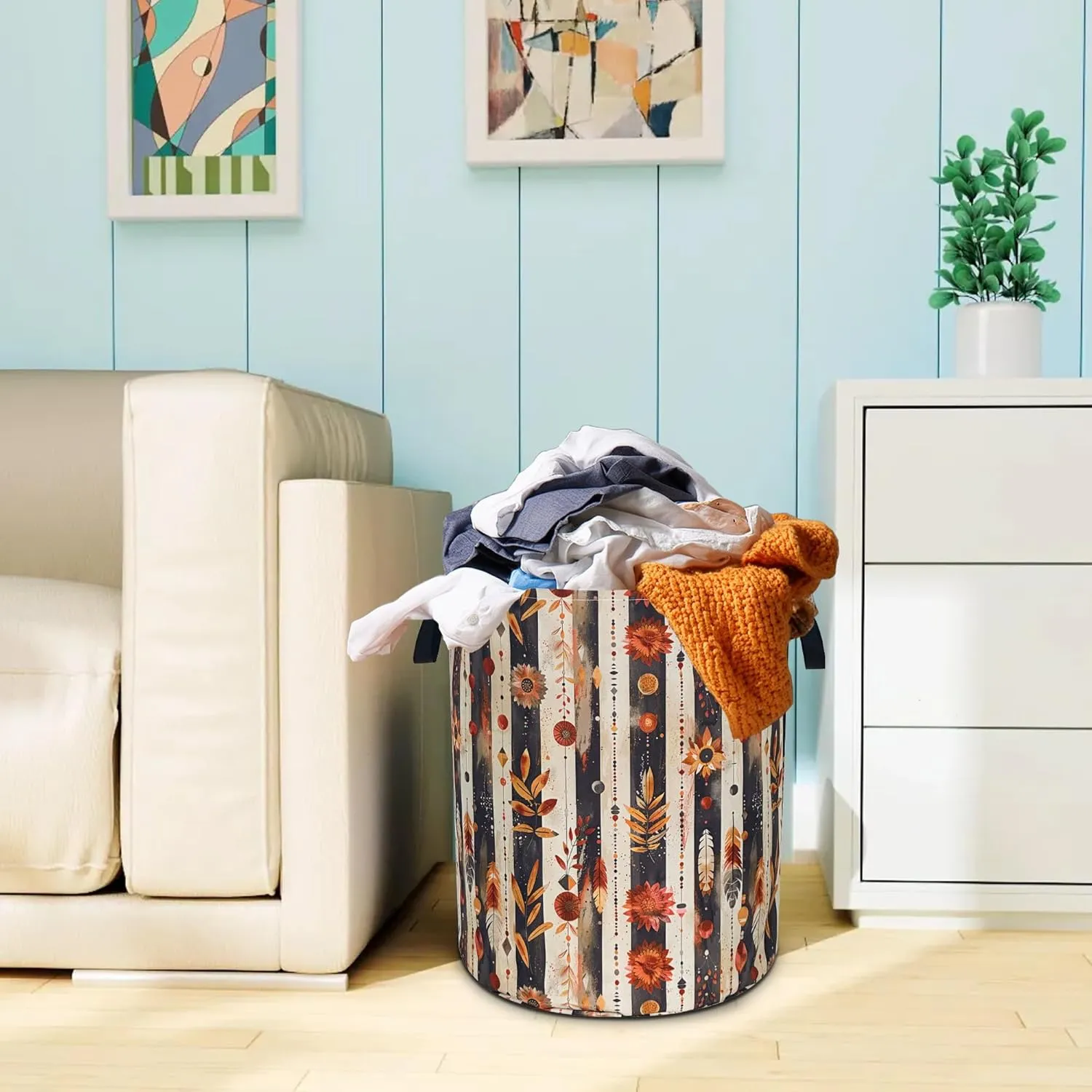 Beautiful Flowers Print Laundry Basket Boho Floral Oxford Cloth Laundry Hamper With Handle Foldable Portable Clothes Storage Basket 18.9 X 16.5 Inch Storage Bag For Laundry Room/Bathroom/Bedroom