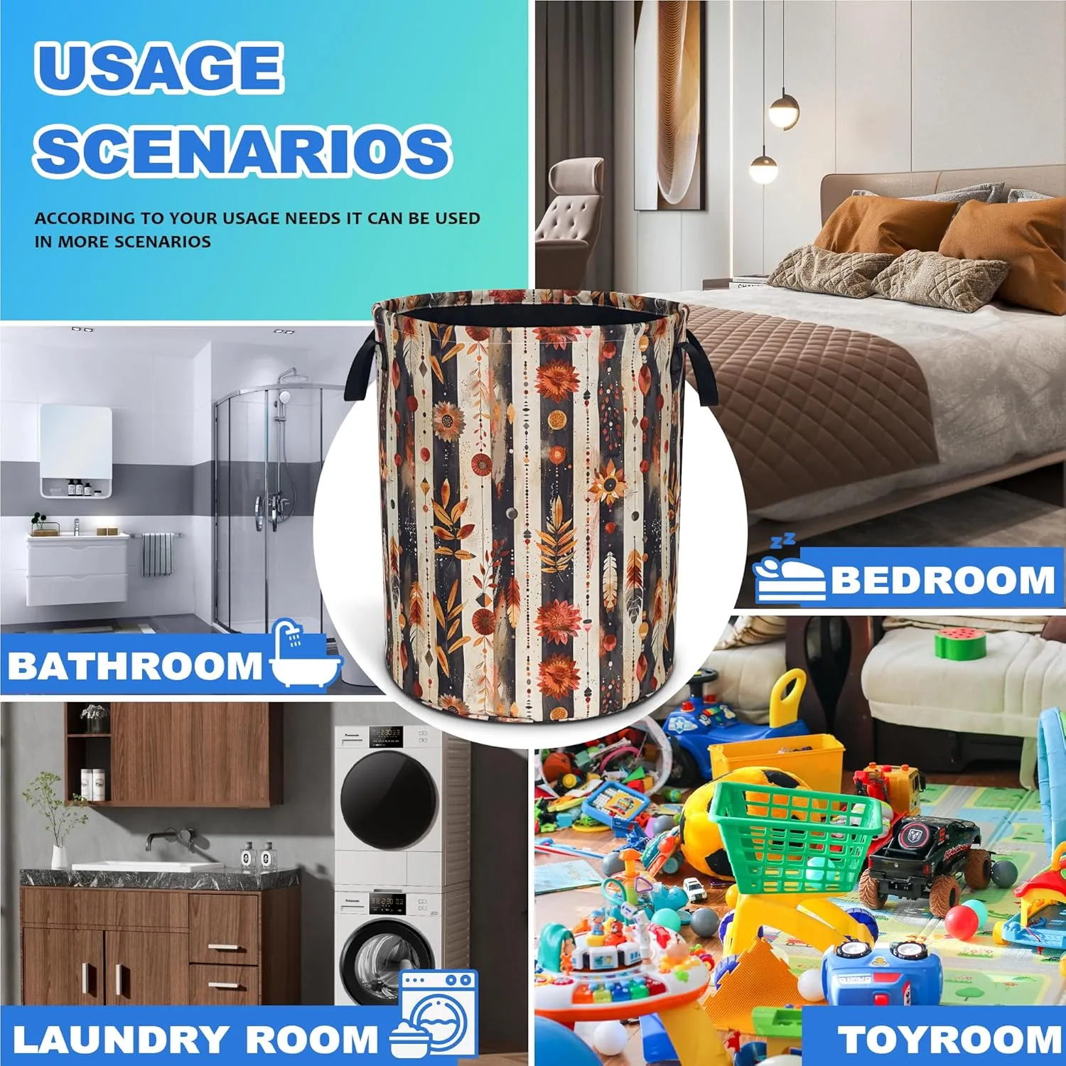 Beautiful Flowers Print Laundry Basket Boho Floral Oxford Cloth Laundry Hamper With Handle Foldable Portable Clothes Storage Basket 18.9 X 16.5 Inch Storage Bag For Laundry Room/Bathroom/Bedroom
