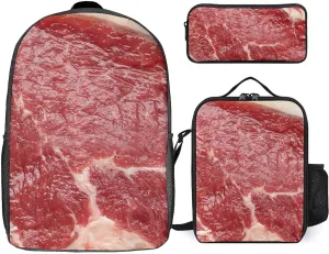 Beef Meat Shoulder Backpack Diagonal Lunch Bag Pencil Case Set