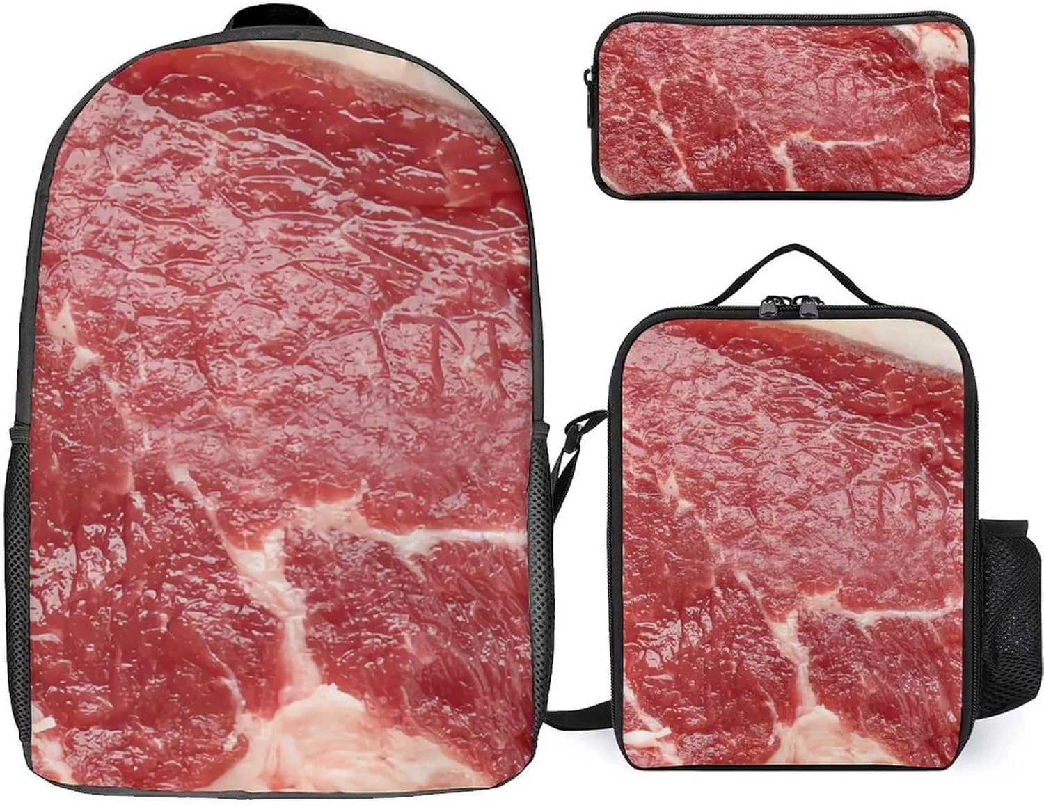 Beef Meat Shoulder Backpack Diagonal Lunch Bag Pencil Case Set