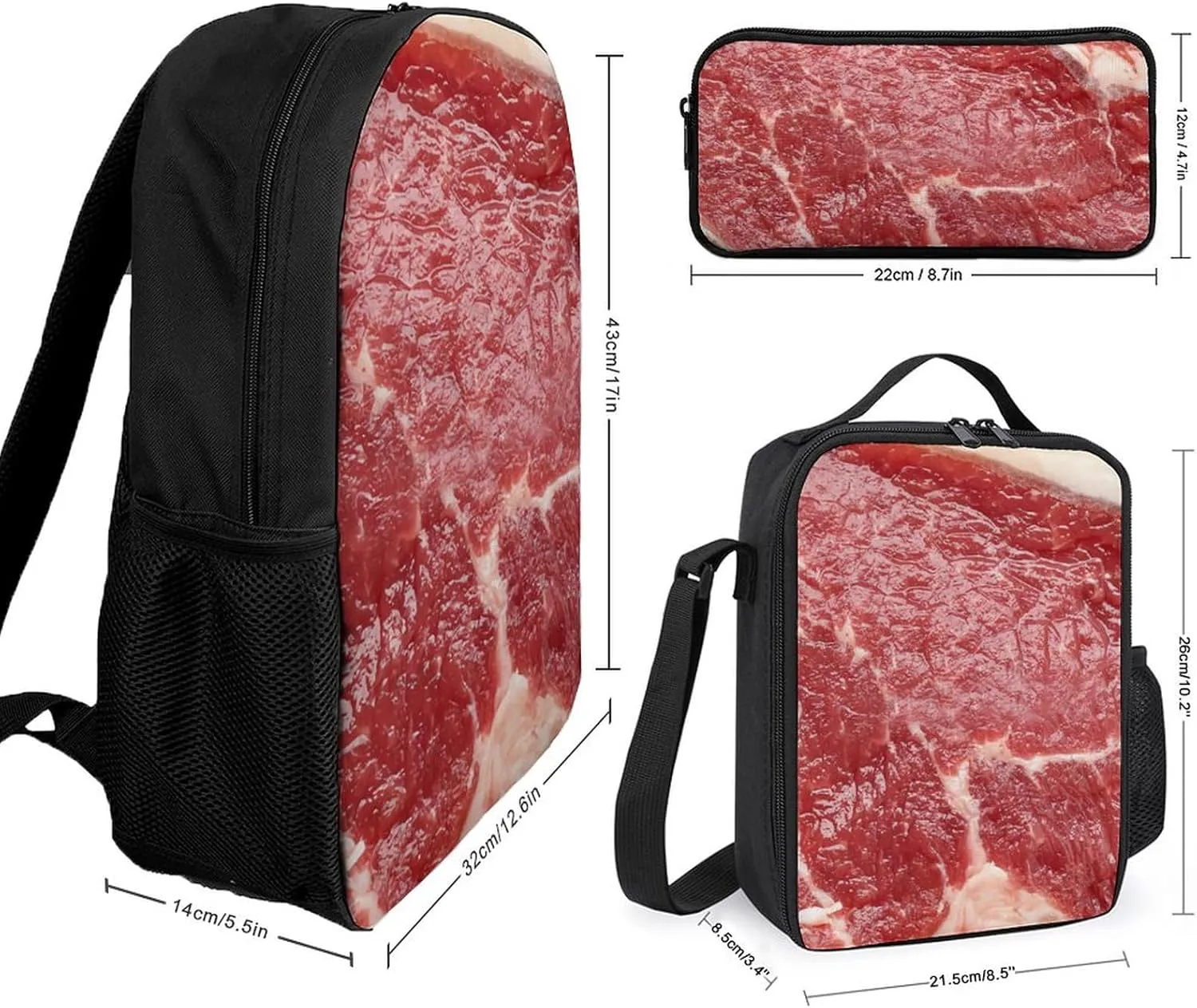 Beef Meat Shoulder Backpack Diagonal Lunch Bag Pencil Case Set