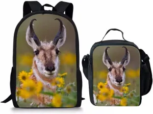 Beginterest Sunflower Elk Print Backpack and Lunch Box for School Kids Boys Girls Lightweight Backpack Set