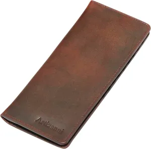 Bifold Long Tall Wallet for Men, RFID Handmade with 22 Card Slots, 4 Bill Compartments & 1 Zippered Pocket, Leather Men’s Wallet, Minimalist Plaid Vintage Brown, 3.5” W x 8” H x 0.25