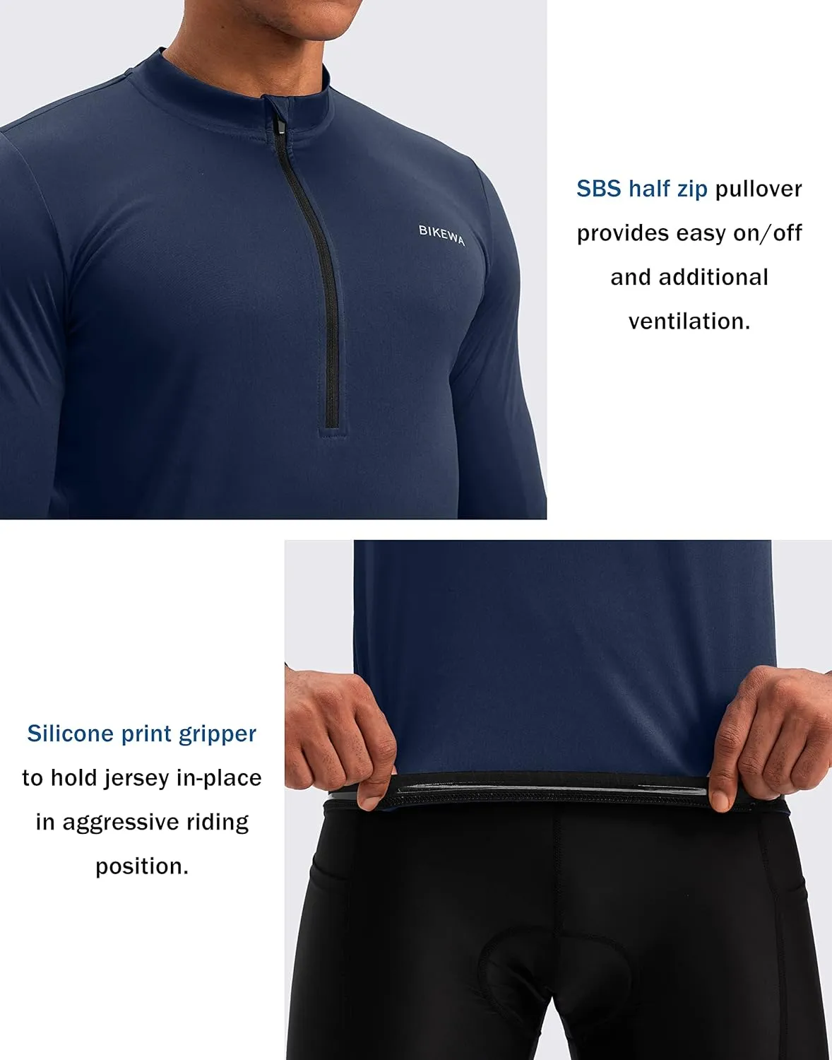 Bikewa Men's Cycling Jersey with 3 1 Rear Zipper Pockets Long Sleeve Moisture Wicking UPF 50  Half Zip Riding Bike Shirts