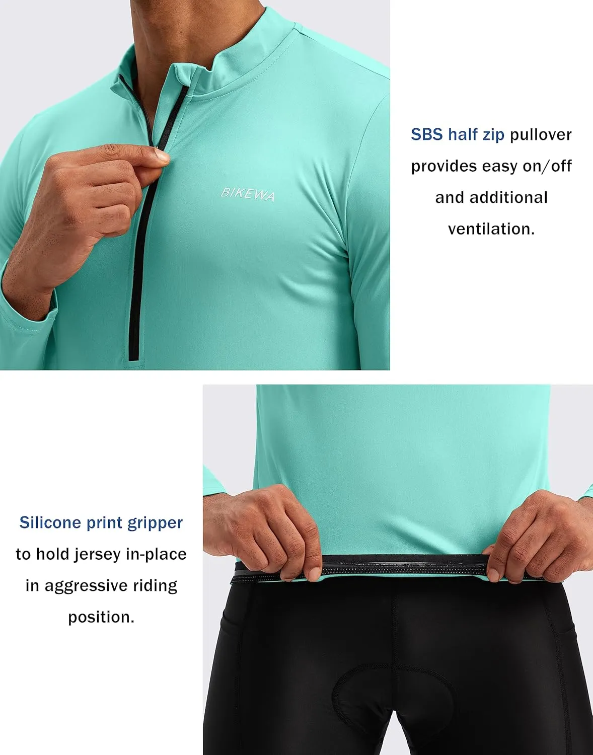 Bikewa Men's Cycling Jersey with 3 1 Rear Zipper Pockets Long Sleeve Moisture Wicking UPF 50  Half Zip Riding Bike Shirts