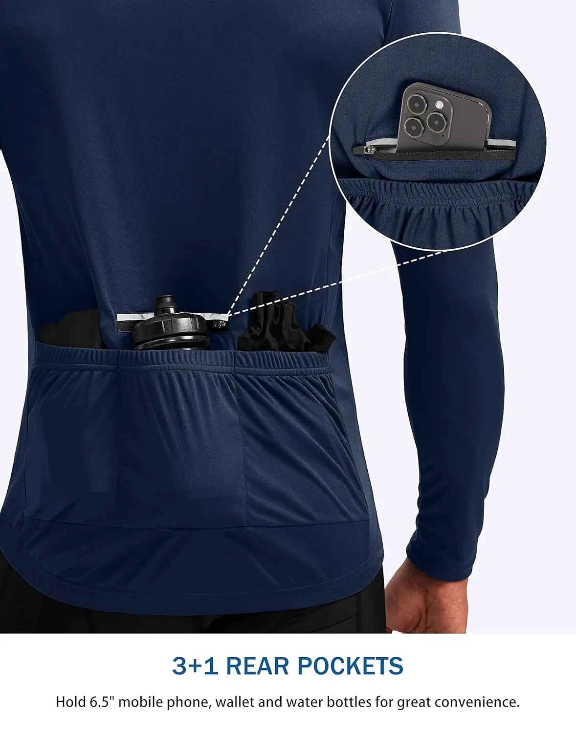 Bikewa Men's Cycling Jersey with 3 1 Rear Zipper Pockets Long Sleeve Moisture Wicking UPF 50  Half Zip Riding Bike Shirts