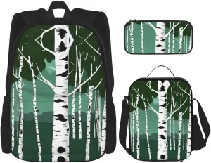 Birch Trees Print 3 In 1 Set With Lunch Box Pencil Bag Backpack Set Computer Bag Casual For Gym Beach Travel, Black