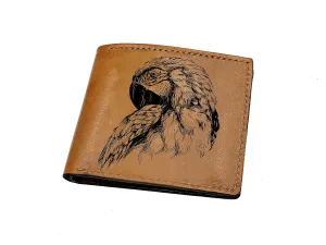 Bird pattern leather wallet, customized men wallet, parrot sketch wallet, leather gift for men