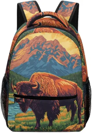 Bison Cow Forests Woods Mountain Travel Backpack Lightweight Shoulders Bag Laptop Daypack for Work Office