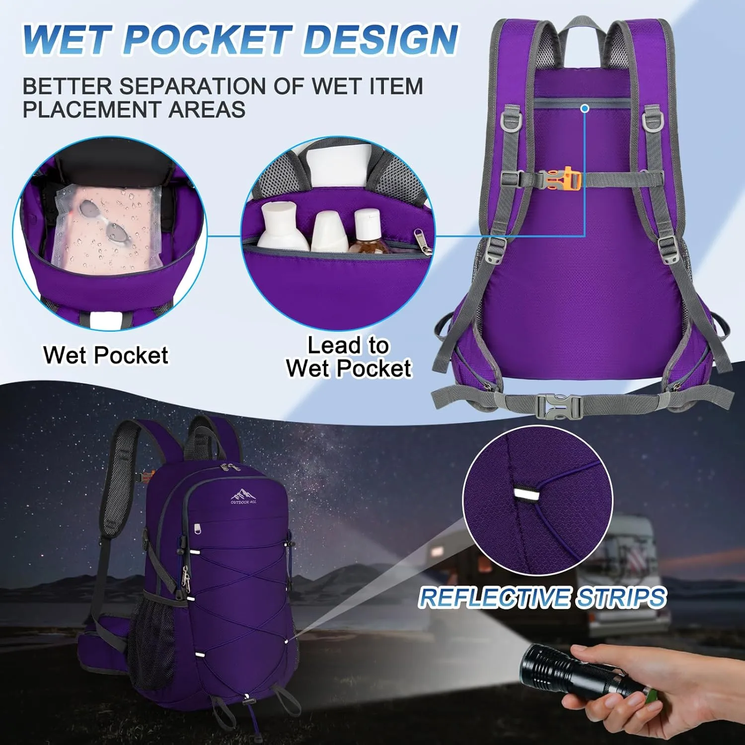 BKNOOU 40L Lightweight Hiking Backpack Packable Camping Backpack Waterproof Hiking Daypack Men Women Foldable Travel Daypack