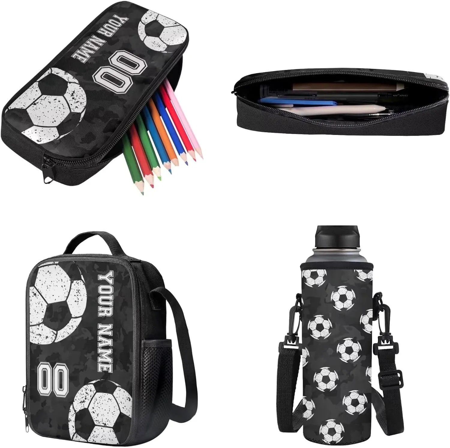 Black Camo Soccer Print Personalized Name & Number 4 PCS School Backpack for Child Casual Soft Kids Preschool Backpack Lunch Box Pencil Bag Water Bottle Carrier