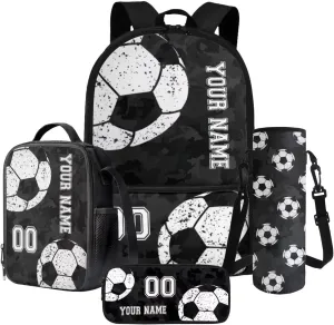 Black Camo Soccer Print Personalized Name & Number 4 PCS School Backpack for Child Casual Soft Kids Preschool Backpack Lunch Box Pencil Bag Water Bottle Carrier