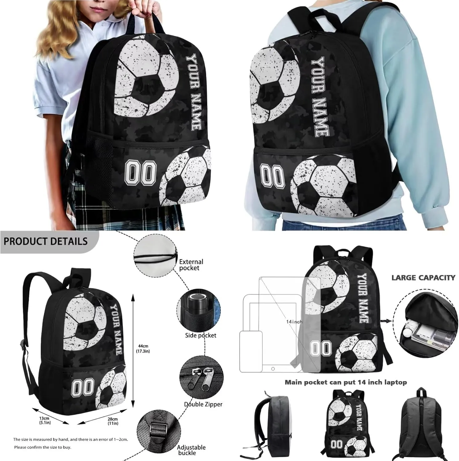 Black Camo Soccer Print Personalized Name & Number 4 PCS School Backpack for Child Casual Soft Kids Preschool Backpack Lunch Box Pencil Bag Water Bottle Carrier