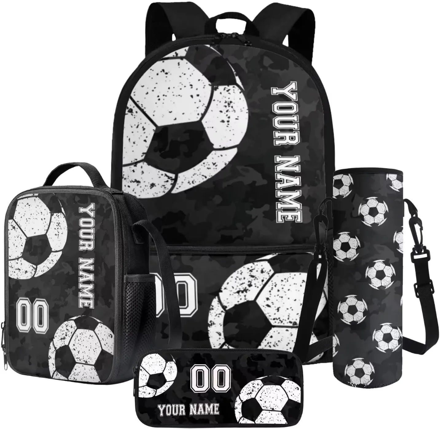 Black Camo Soccer Print Personalized Name & Number 4 PCS School Backpack for Child Casual Soft Kids Preschool Backpack Lunch Box Pencil Bag Water Bottle Carrier