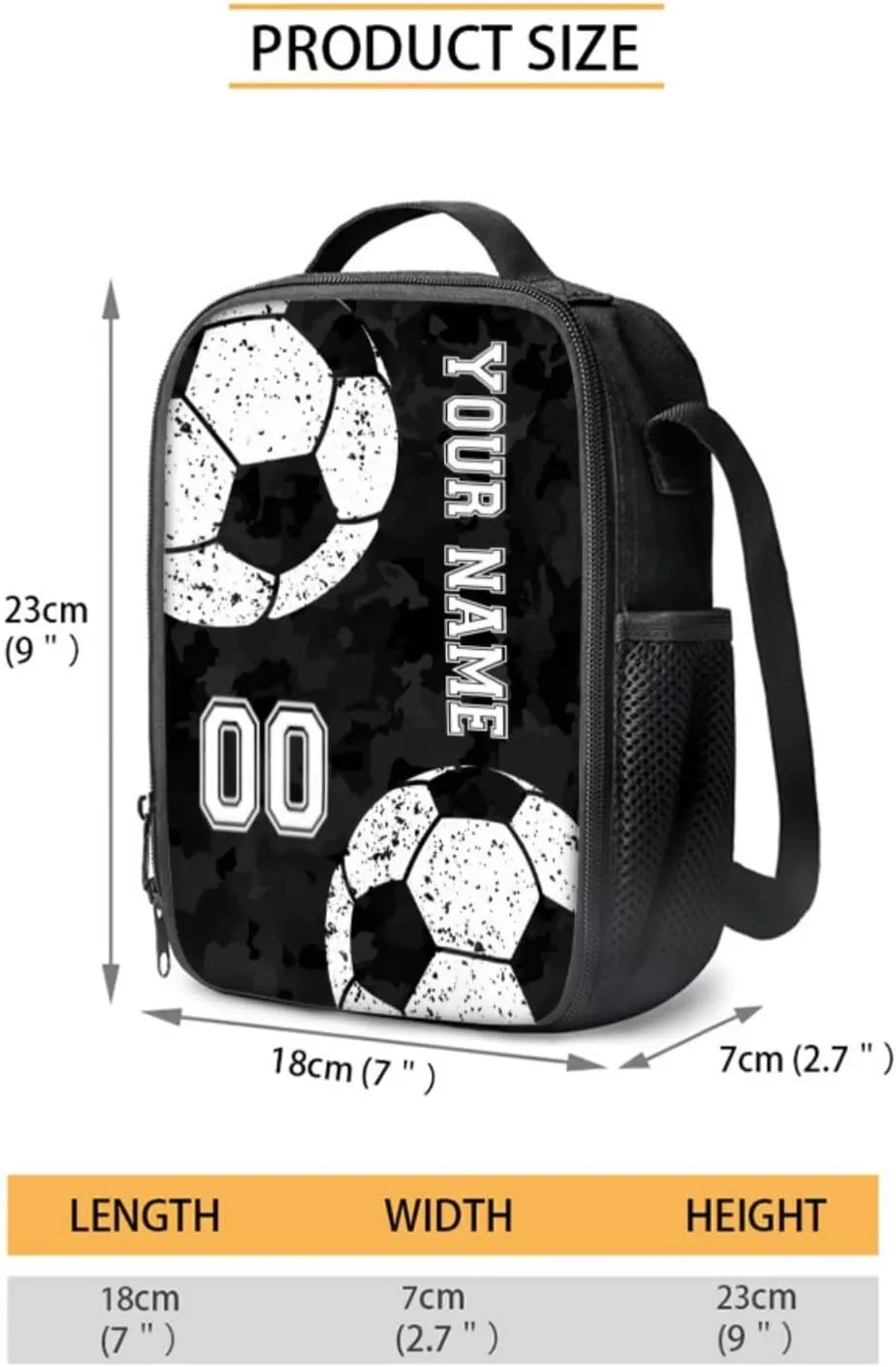 Black Camo Soccer Print Personalized Name & Number 4 PCS School Backpack for Child Casual Soft Kids Preschool Backpack Lunch Box Pencil Bag Water Bottle Carrier