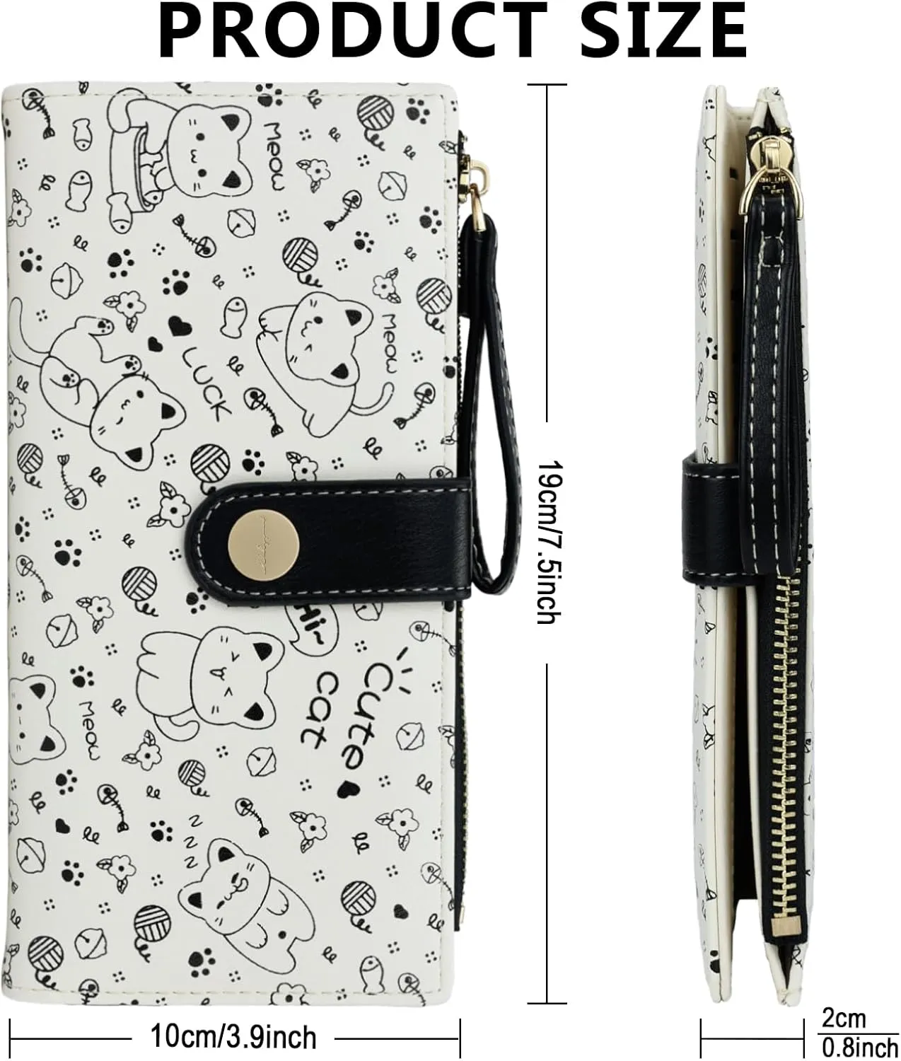 Black Cat Pattern Wallet for Women and Ladies Long Leather Coin Purse with Cute Kawaii Design Minimalist Credit Card Holder and ID Window Travel Cash Wallet for Ladies