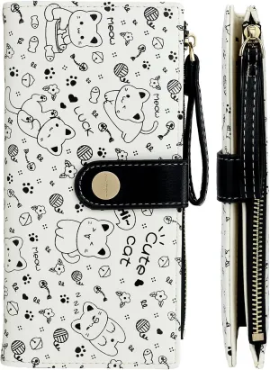 Black Cat Pattern Wallet for Women and Ladies Long Leather Coin Purse with Cute Kawaii Design Minimalist Credit Card Holder and ID Window Travel Cash Wallet for Ladies