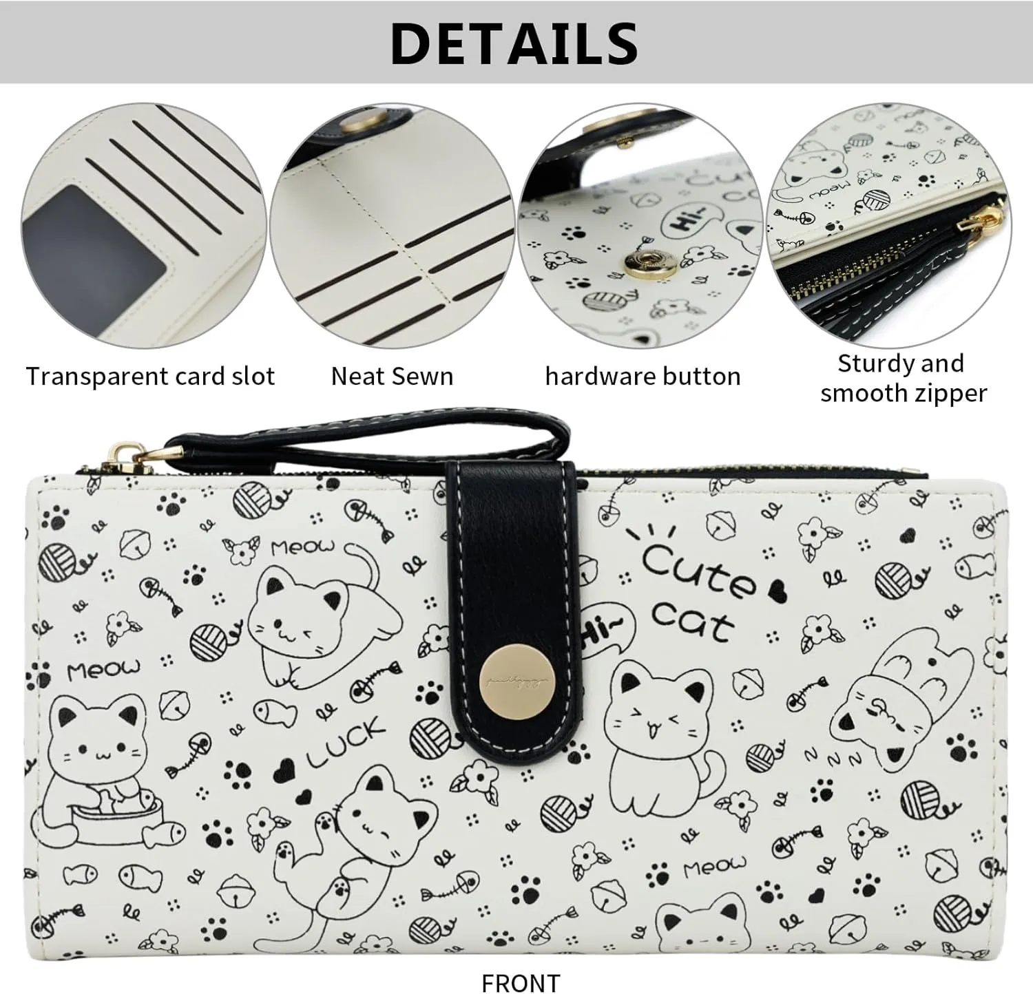 Black Cat Pattern Wallet for Women and Ladies Long Leather Coin Purse with Cute Kawaii Design Minimalist Credit Card Holder and ID Window Travel Cash Wallet for Ladies