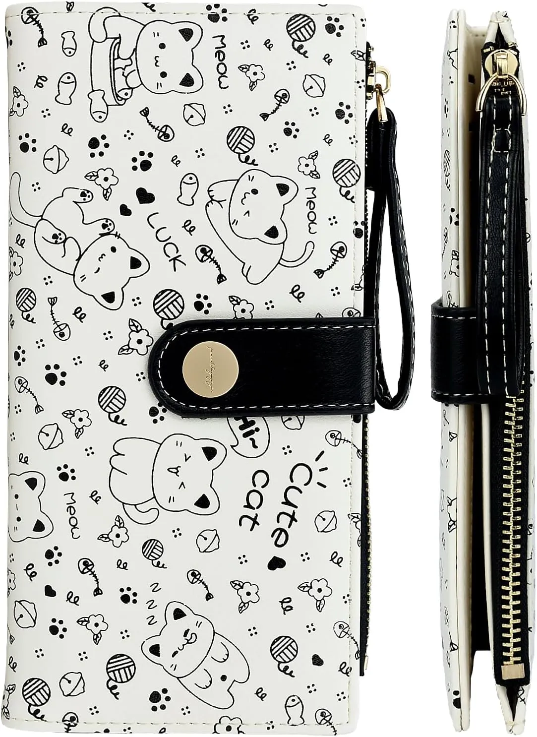 Black Cat Pattern Wallet for Women and Ladies Long Leather Coin Purse with Cute Kawaii Design Minimalist Credit Card Holder and ID Window Travel Cash Wallet for Ladies