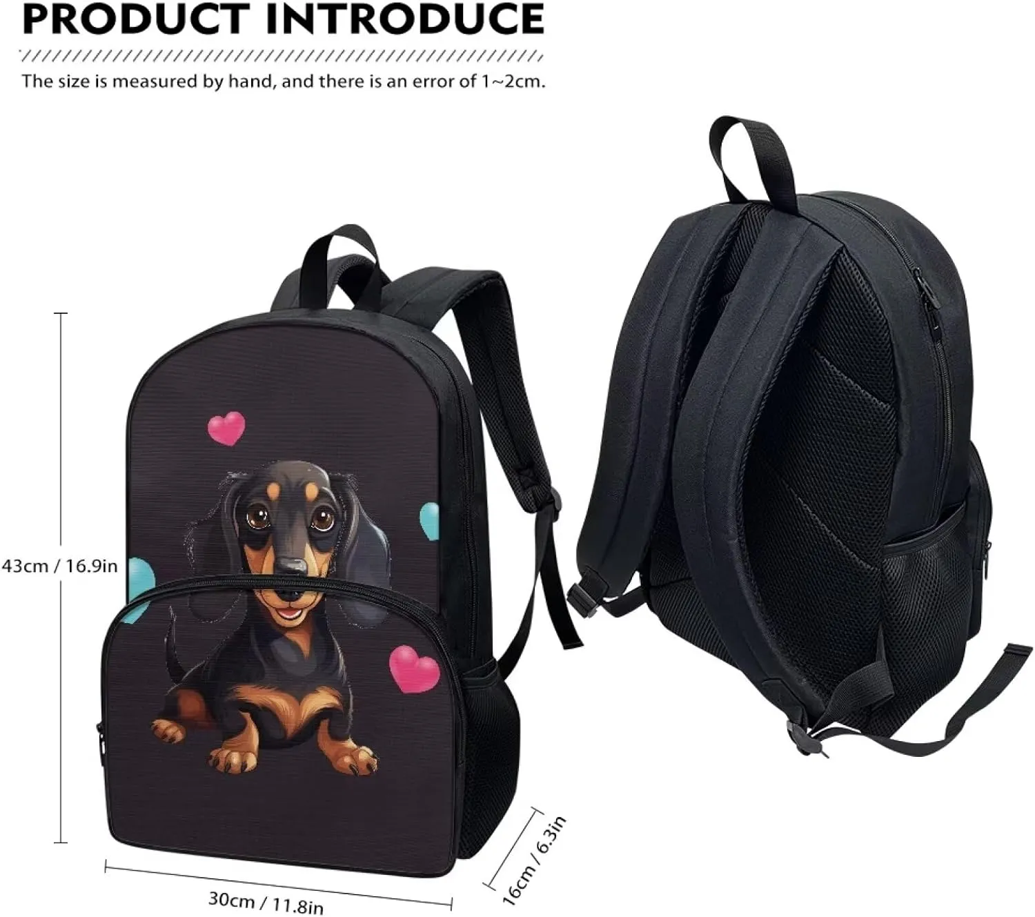 Black Dachshund Dog 17 Inch Kids Backpack Large Capacity Lightweight Dachshund Sausage Dogs Girls Backpack for School Elementary Middle School Bookbag Casual Travel Rucksack