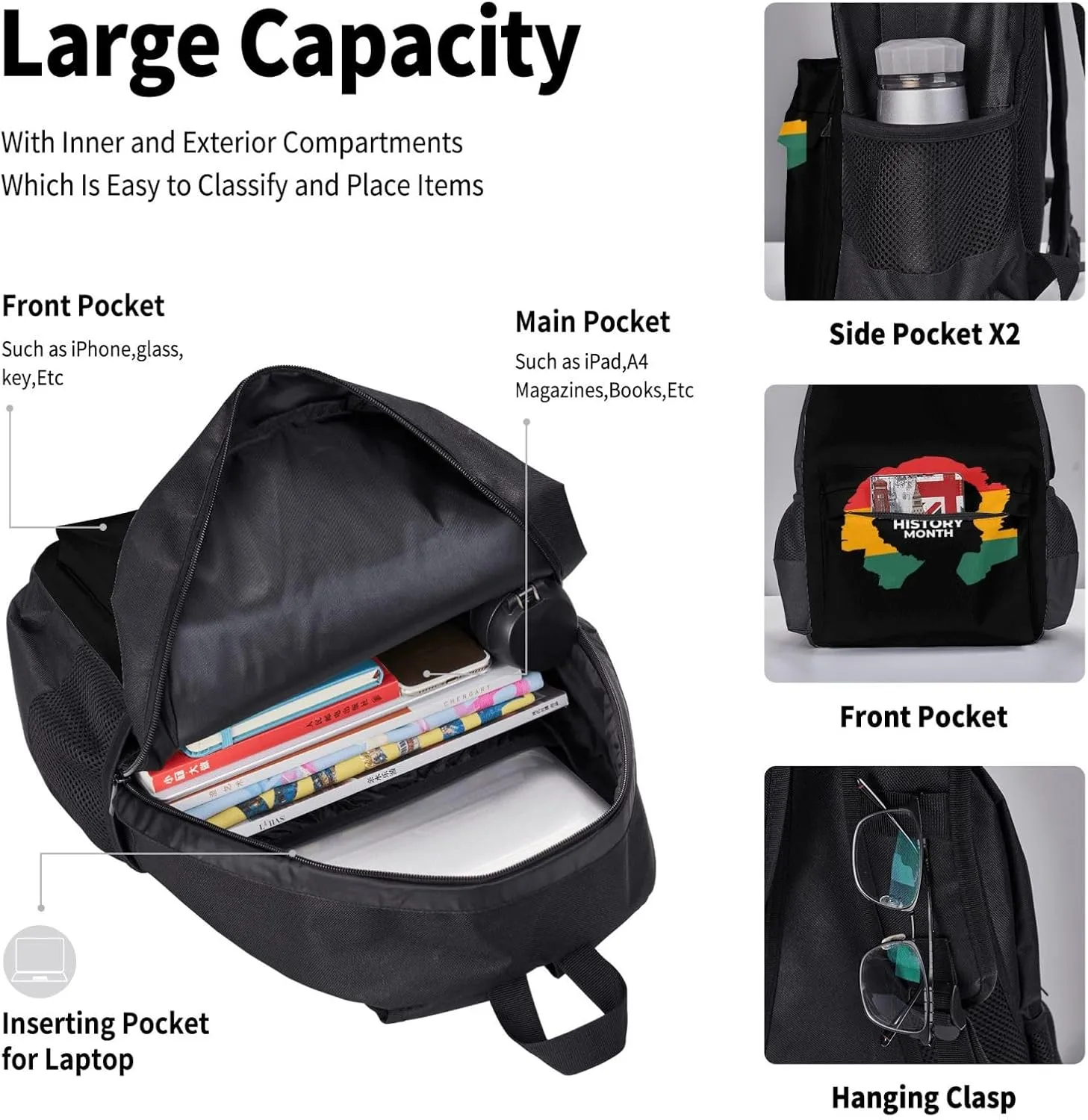 Black History Month Women Multifunctional Pocket Backpack Crossbody Lunch Bag Pencil Case 3Pcs Set Large Capacity Backpack