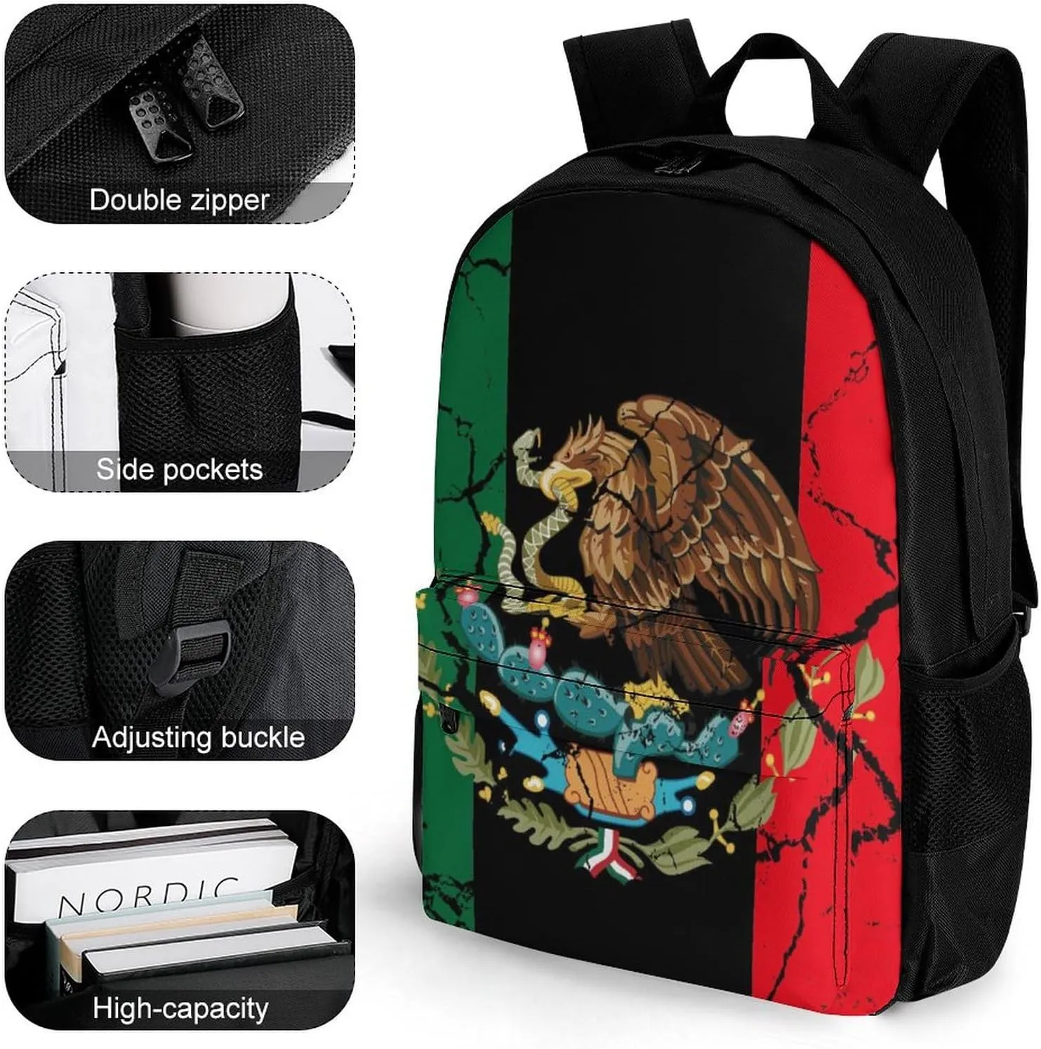 Black Mexico Flag Crack Art Daypack Backpack Polyester Multipurpose Anti-Theft Shoulder Bag Big Capacity Gym Outdoor Hiking Backpack With Smooth Zippers