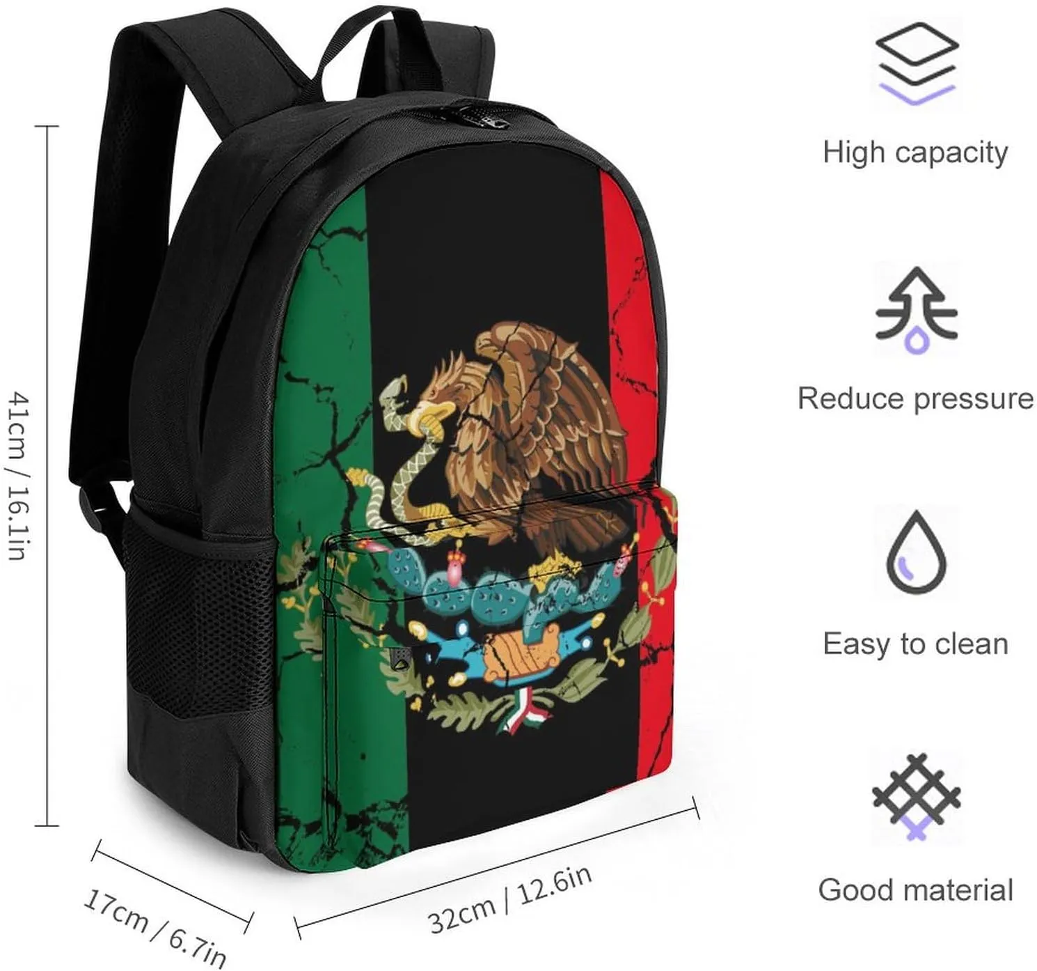 Black Mexico Flag Crack Art Daypack Backpack Polyester Multipurpose Anti-Theft Shoulder Bag Big Capacity Gym Outdoor Hiking Backpack With Smooth Zippers