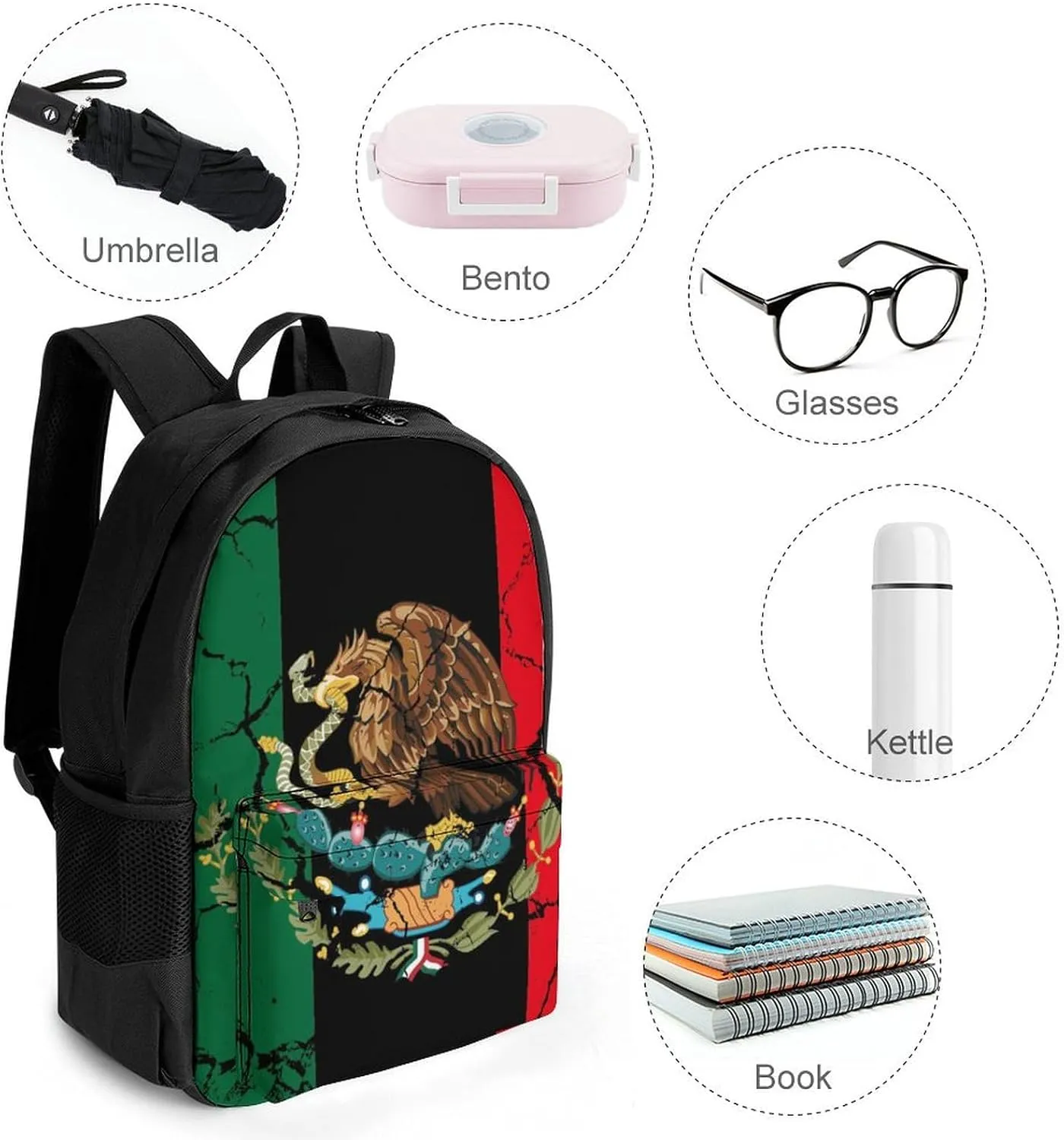 Black Mexico Flag Crack Art Daypack Backpack Polyester Multipurpose Anti-Theft Shoulder Bag Big Capacity Gym Outdoor Hiking Backpack With Smooth Zippers