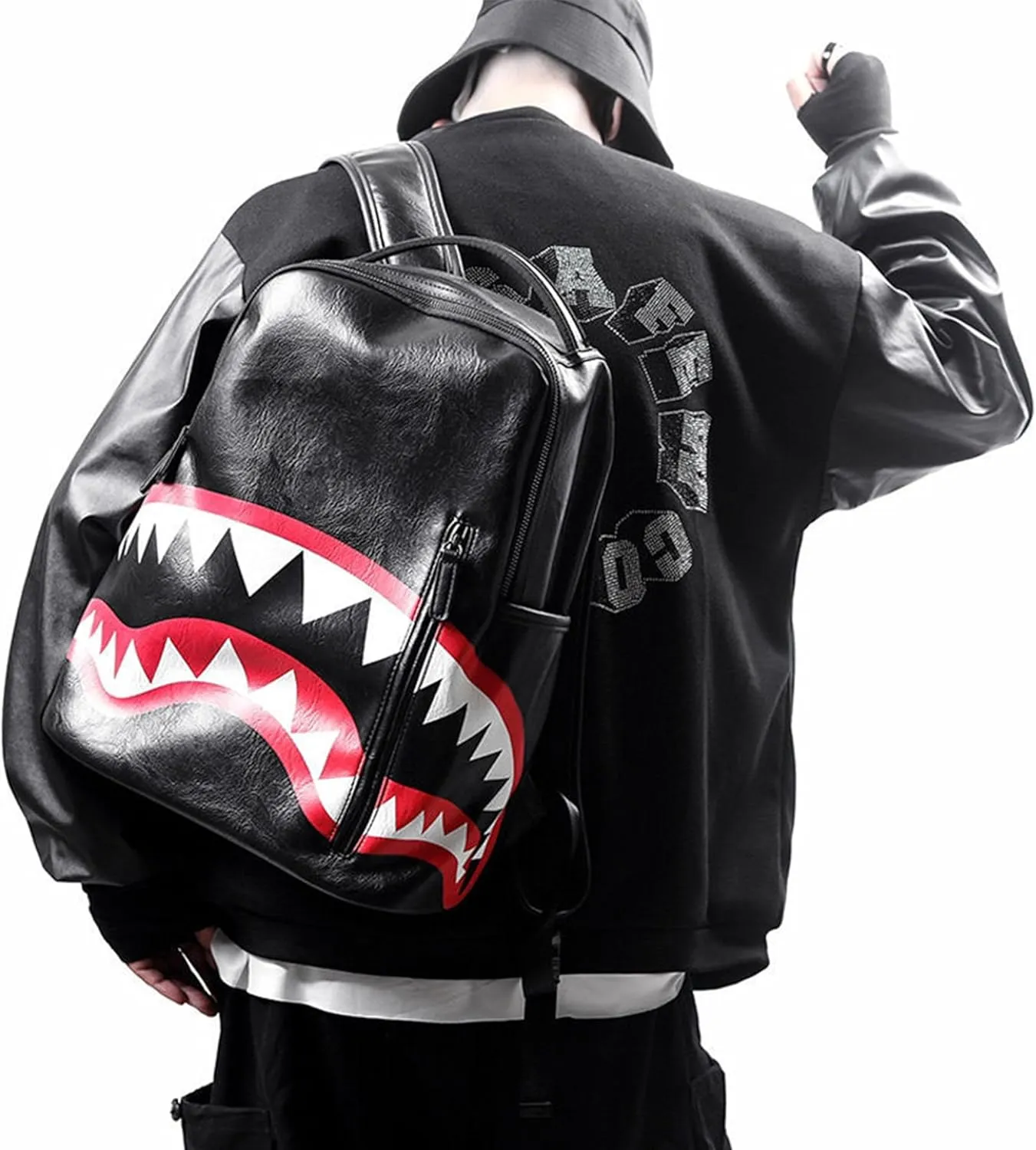 Black Shark Backpack,Large Capacity Backpack,Multi-Purpose Laptop Backpack Premium PU Leather Travel Outdoor Activities(Black Shark)