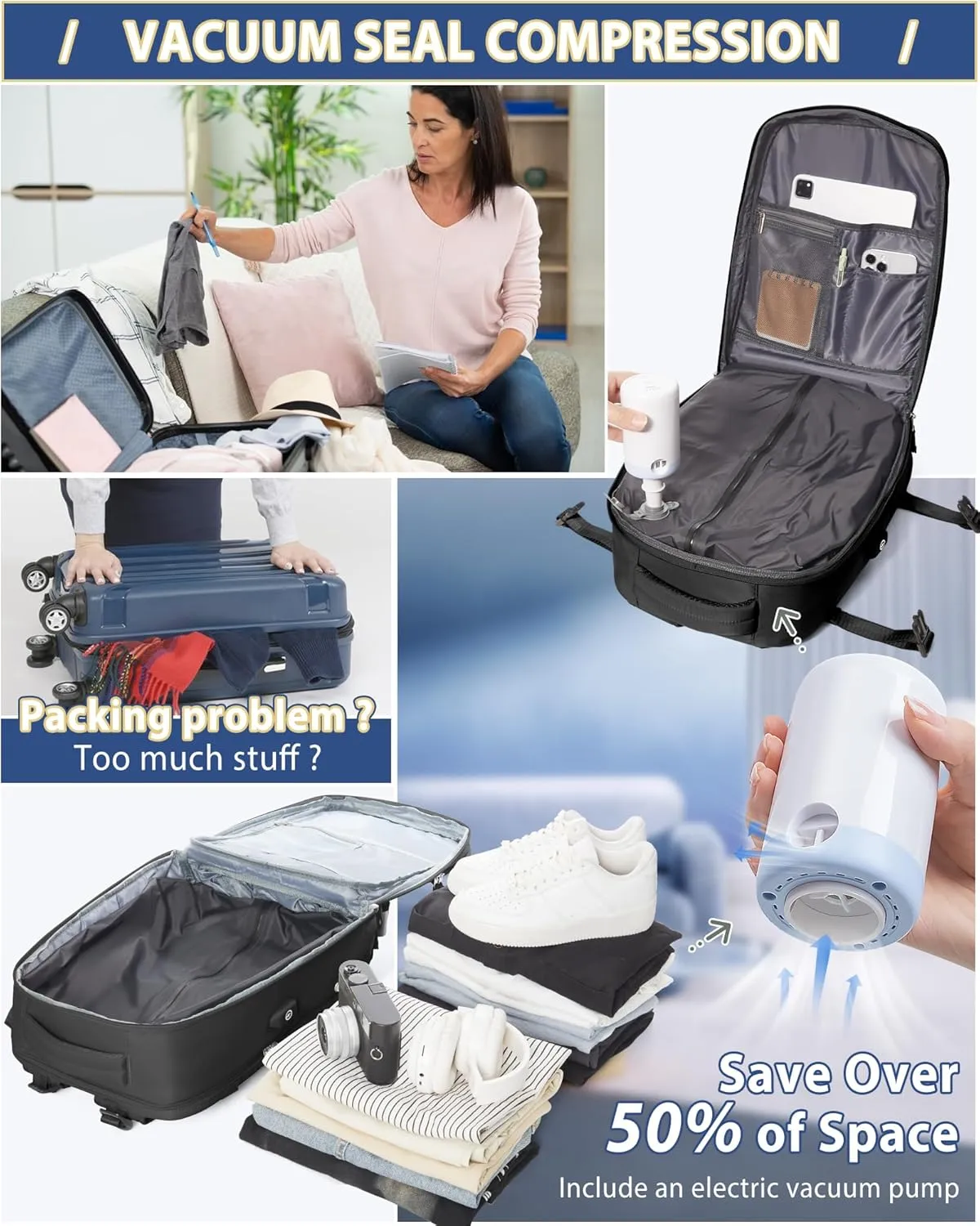 Black Vacuum Travel Backpack for Women Men Seal Compression Airback Vacpack with Pump laptop Compression Bags with Shoe Compartment Flight Approved Personal item Travel Bag Carrry on Luggage