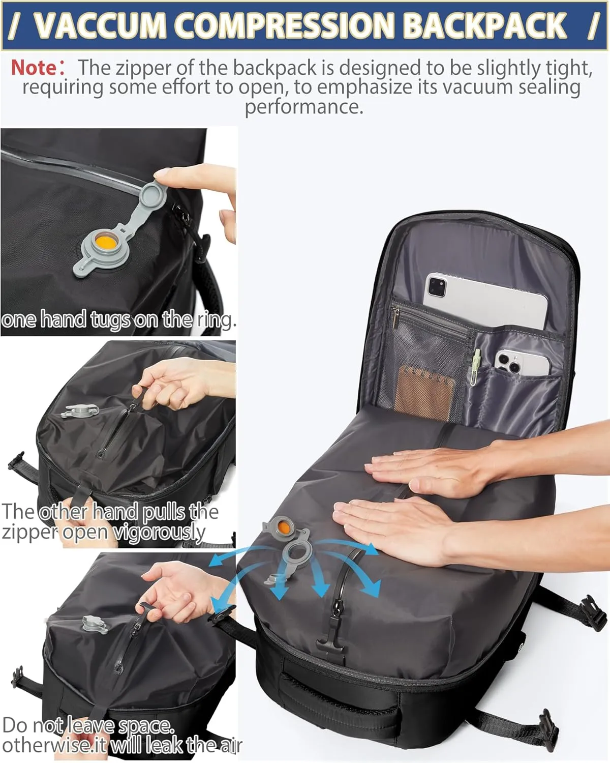 Black Vacuum Travel Backpack for Women Men Seal Compression Airback Vacpack with Pump laptop Compression Bags with Shoe Compartment Flight Approved Personal item Travel Bag Carrry on Luggage