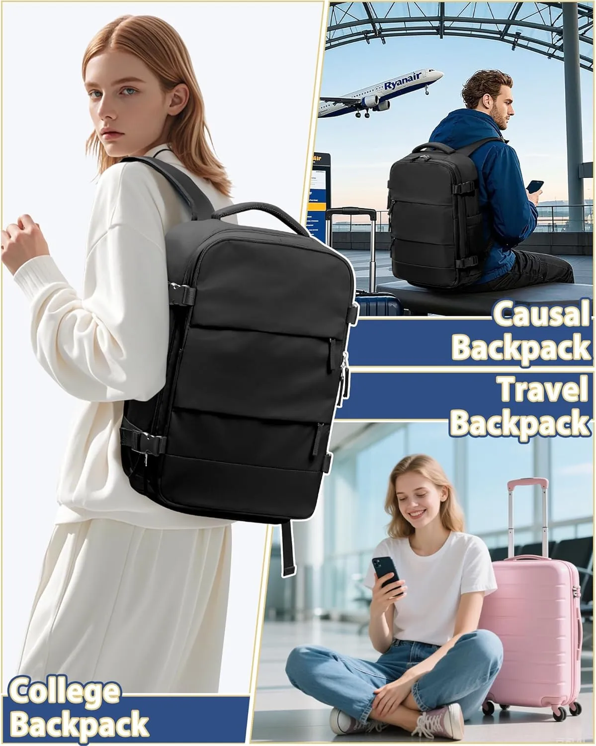 Black Vacuum Travel Backpack for Women Men Seal Compression Airback Vacpack with Pump laptop Compression Bags with Shoe Compartment Flight Approved Personal item Travel Bag Carrry on Luggage