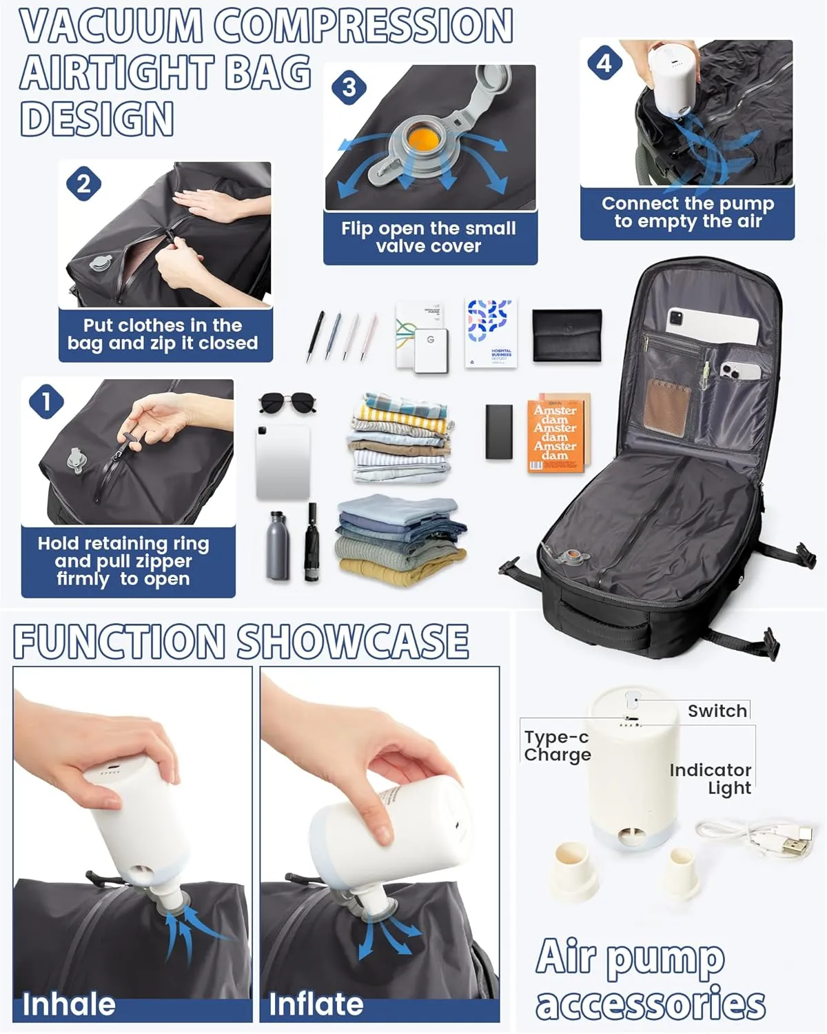 Black Vacuum Travel Backpack for Women Men Seal Compression Airback Vacpack with Pump laptop Compression Bags with Shoe Compartment Flight Approved Personal item Travel Bag Carrry on Luggage