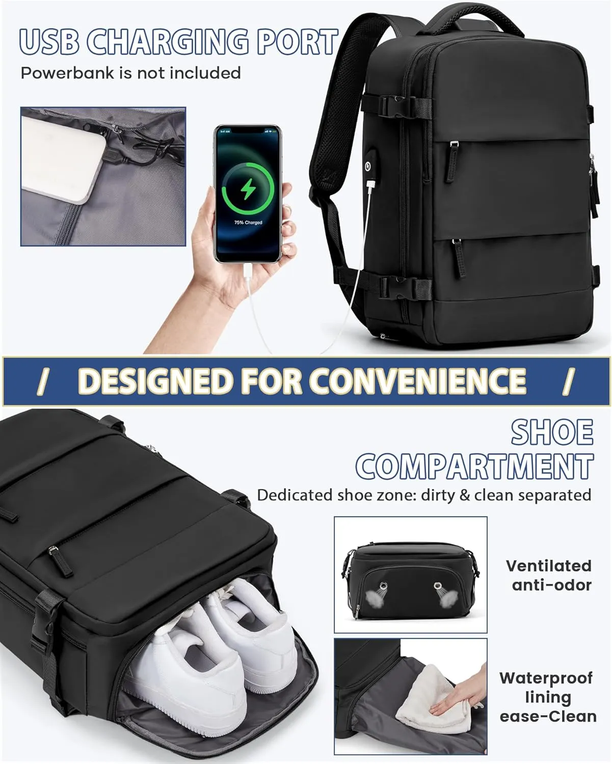 Black Vacuum Travel Backpack for Women Men Seal Compression Airback Vacpack with Pump laptop Compression Bags with Shoe Compartment Flight Approved Personal item Travel Bag Carrry on Luggage