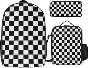 Black White Checkered 17 Inch Backpack Diagonal Lunch Bag Pencil Case Set Unisex
