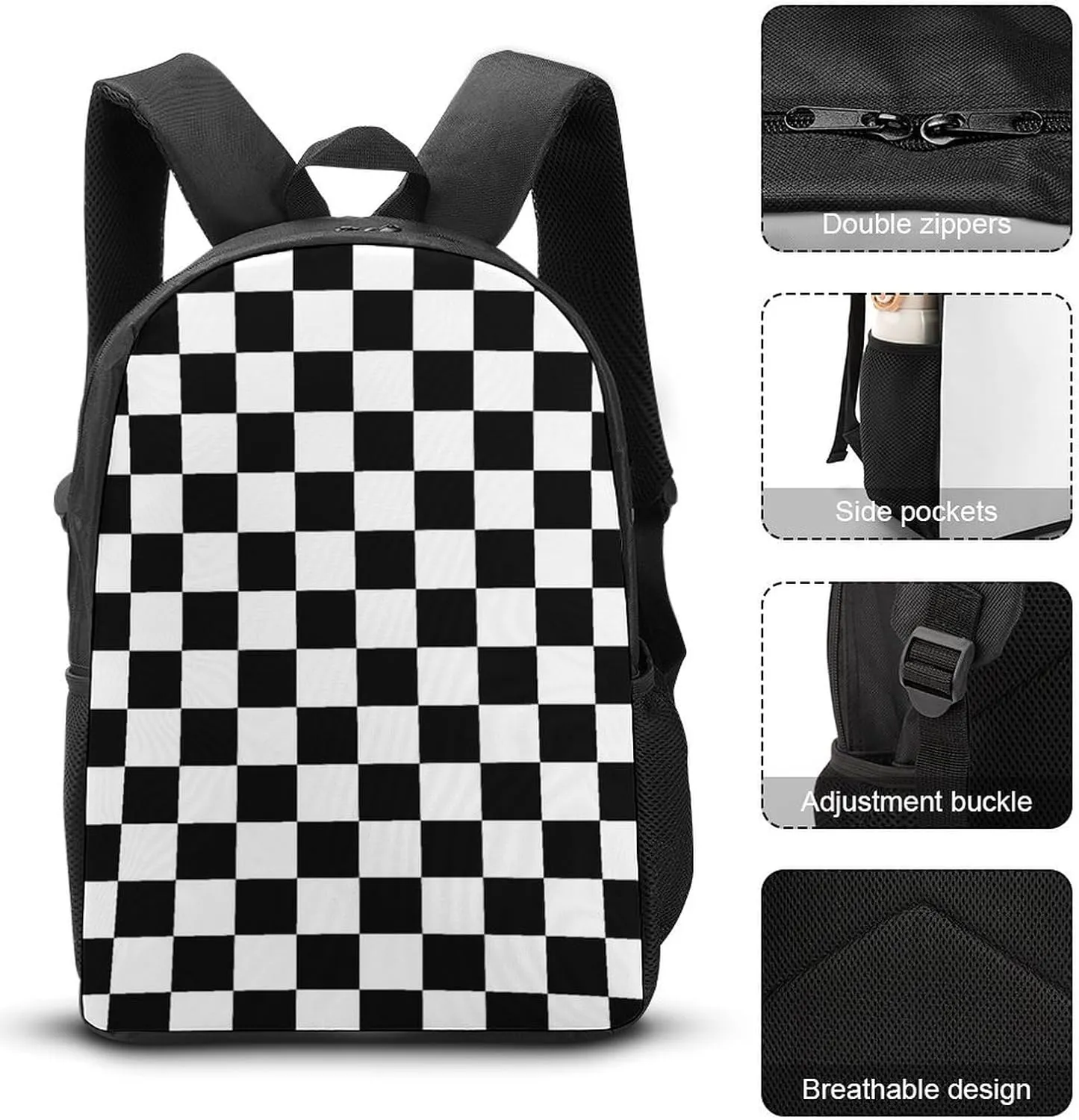 Black White Checkered 17 Inch Backpack Diagonal Lunch Bag Pencil Case Set Unisex
