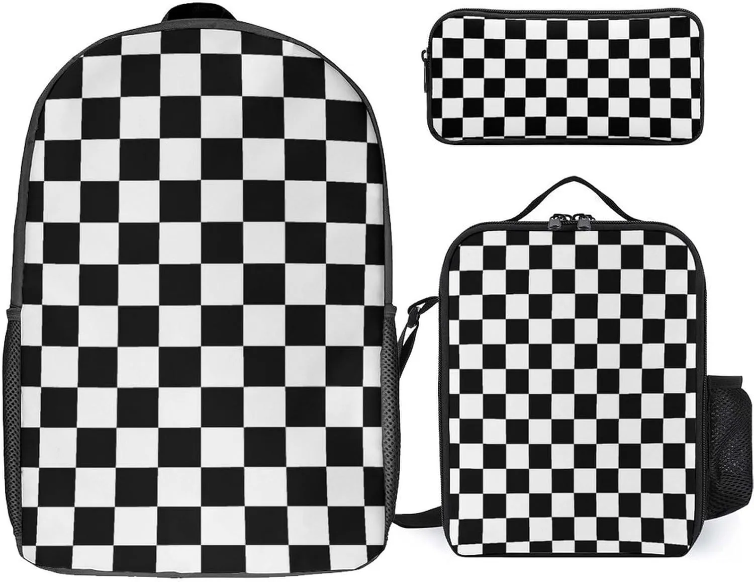 Black White Checkered 17 Inch Backpack Diagonal Lunch Bag Pencil Case Set Unisex